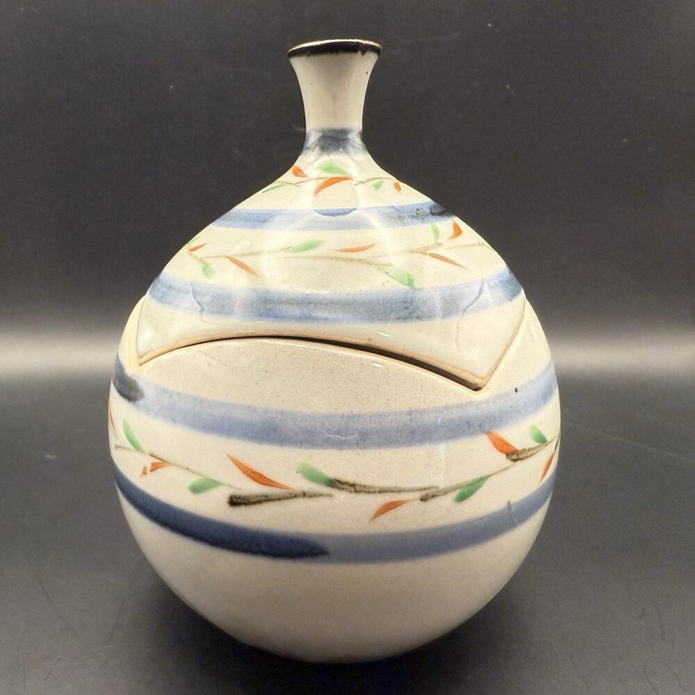 Vintage Studio Pottery Lidded Apothecary jar Ceramic Blue Leaf Unique Puzzle Lid